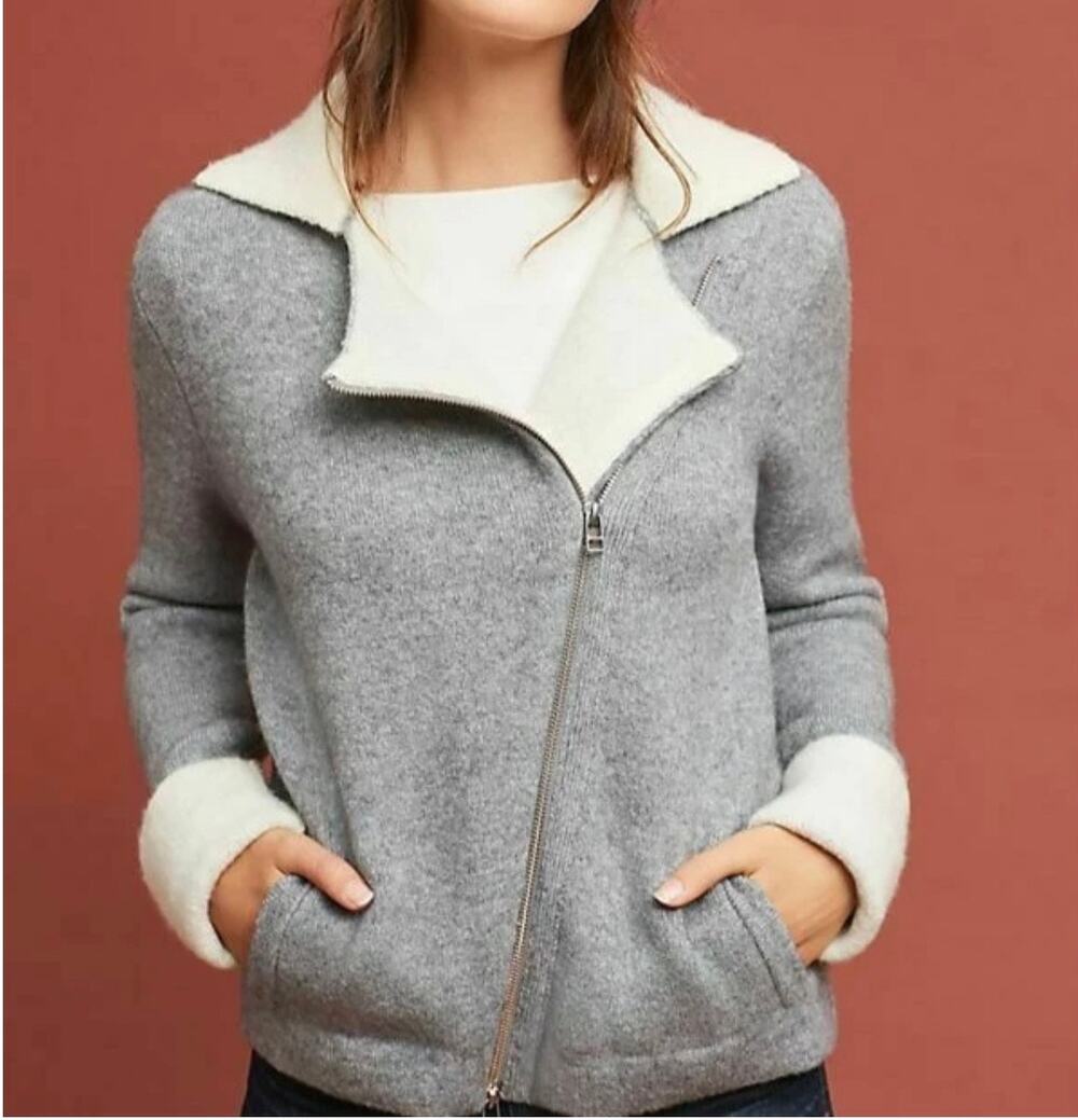 Anthropologie Womens XS Gray Cream Alpaca Blend Asymmetric Zip Moto Jacket